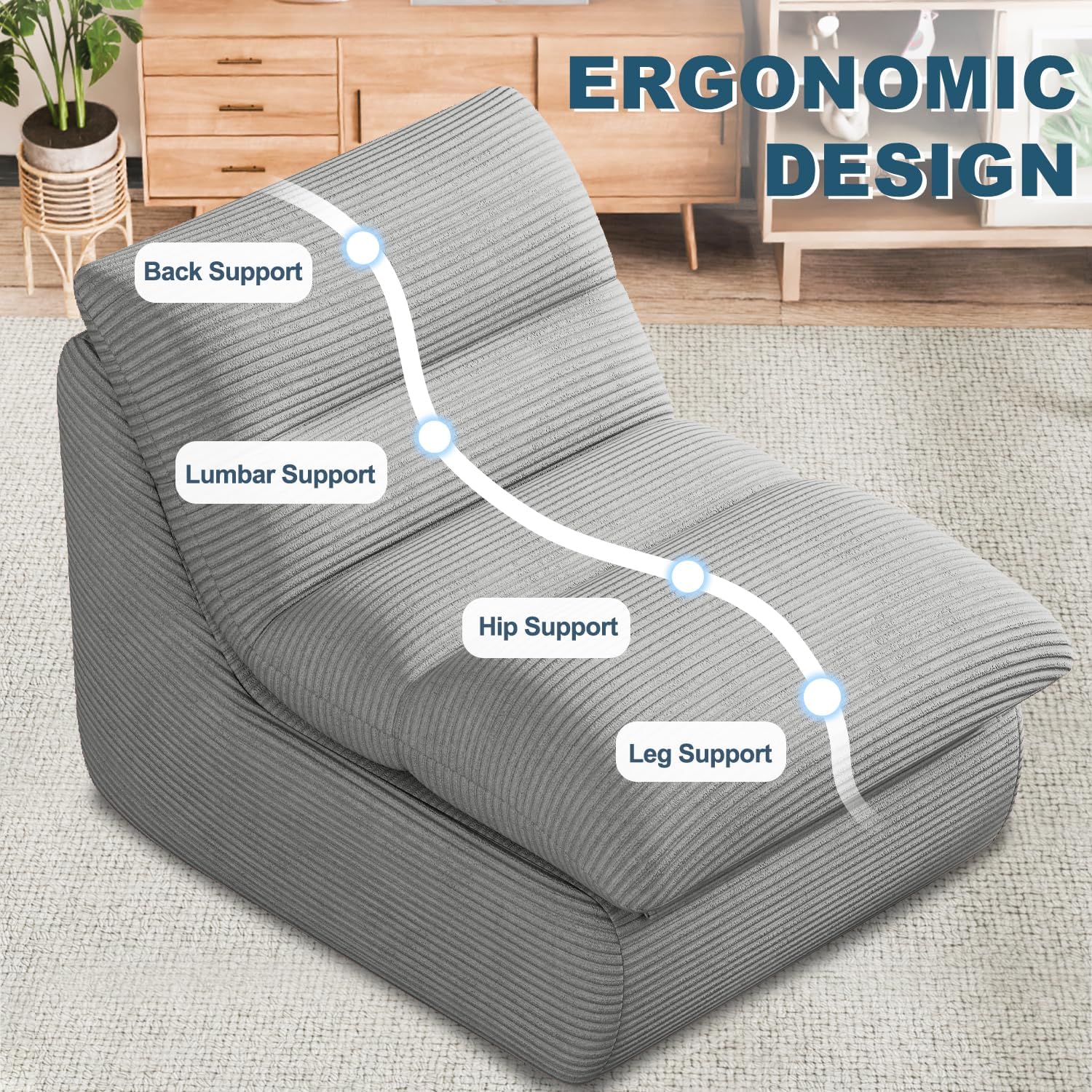 Vonesse Bean Bag Chair, Double-Layered Bean Bag Chair for Adults, Comfortable Memory Foam Bean Bag Sofa, Corduroy Bean Bag Couches for Living Room Bedroom (Grey)