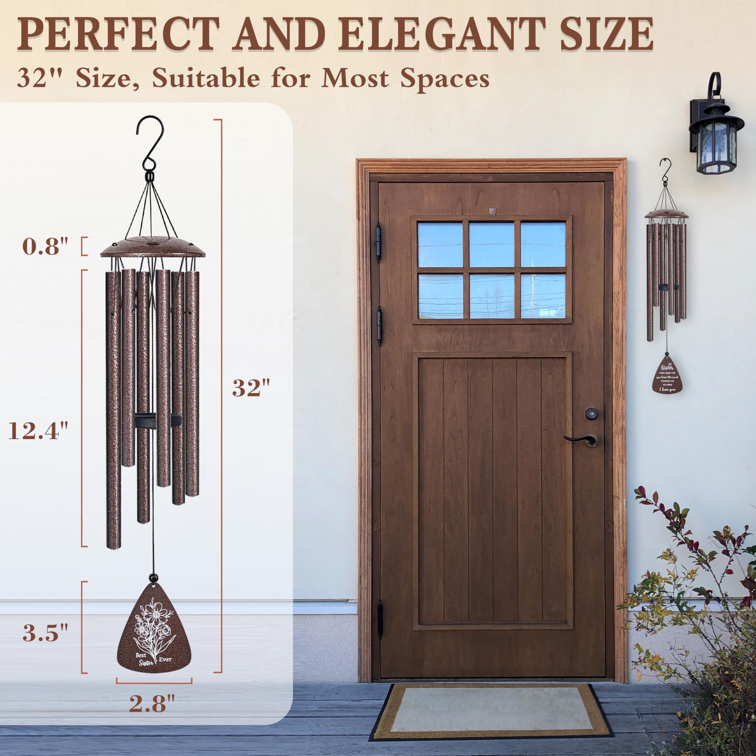 Sister Gifts, 32" Bronze Wind Chimes, Sister's Birthday Gifts from Sisters Brother, Sisters in Law Gift, Best Sister Ever Gift for Women Birthday Christmas Mother's Day, Home Decor 6