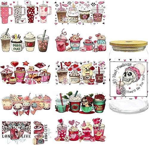 Envoltura de copa UV DTF, calcomanías de transferencia de San Valentín para tazas de vidrio de 16 onzas, calcomanías de transferencia de vasos de