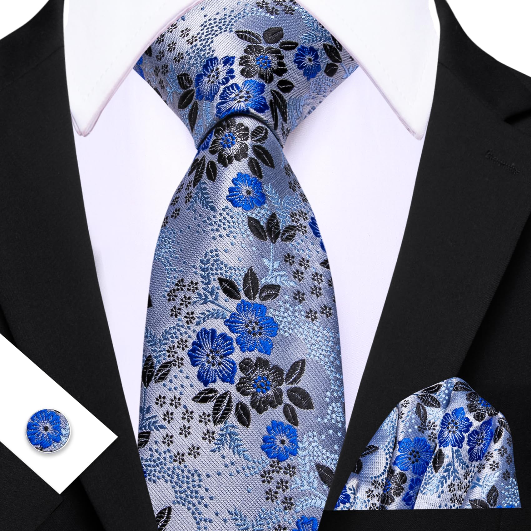 Barry.Wang Juego de gemelos cuadrados de seda para hombre, corbata floral con diseño de flores, para boda, fiesta, negocios