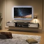 HOOBRO Floating TV Stand with Power Outlets, Modern Wall Mounted Media Console Shelf with Doors, Entertainment Center for Under TV Storage, for Living Room, Bedroom, Black BK11UDS01