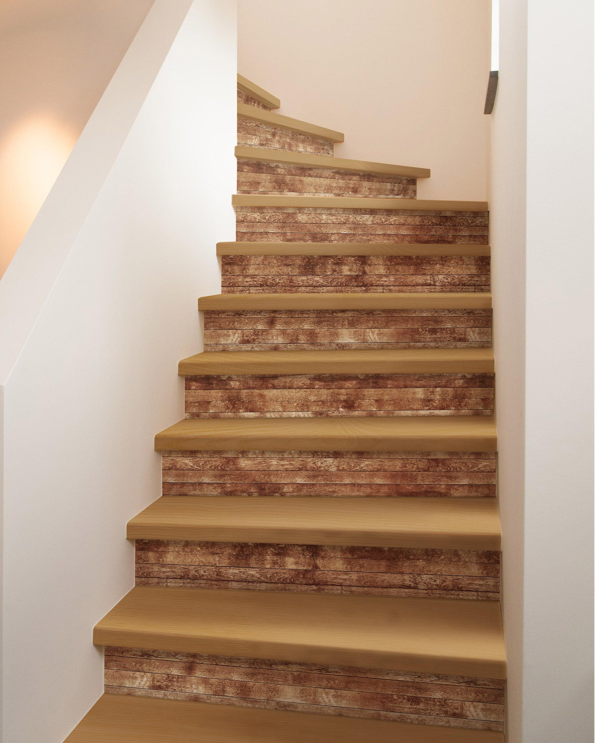 FLFK Faux Brown Wood Stair Riser Decals Peel and Stick Waterproof Vinyl Stair Stickers for Home Decor，13 Strips Each 39.3" x 7.08"