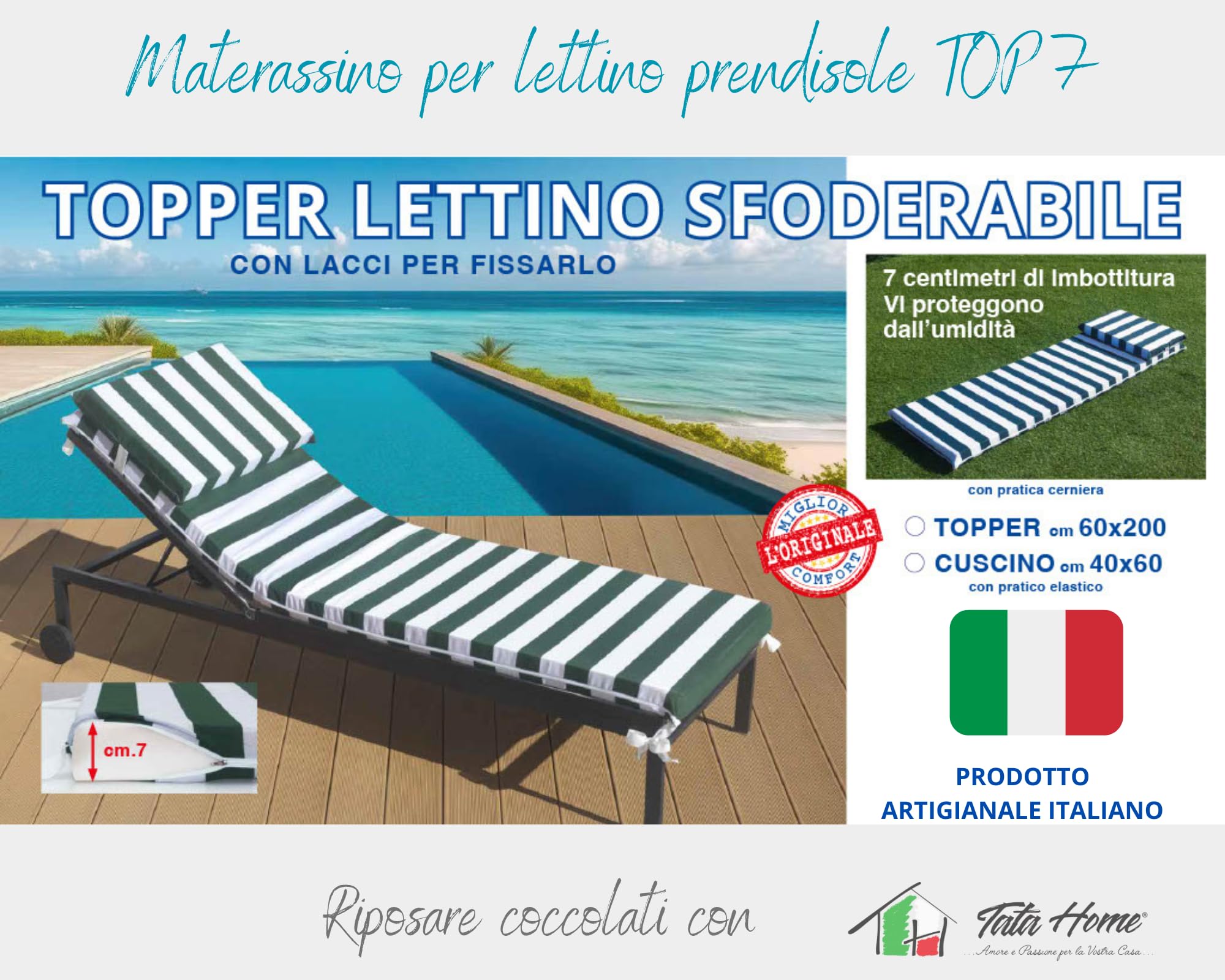 Tata Home Cuscino Per Lettino Prendisole Sfoderabile con Poggiatesta Materassino Prendisole Imbottito Con Laccetti Lavabile Misura 60x200 cm a Righe Made in Italy Mod. Top7 Colore Verde