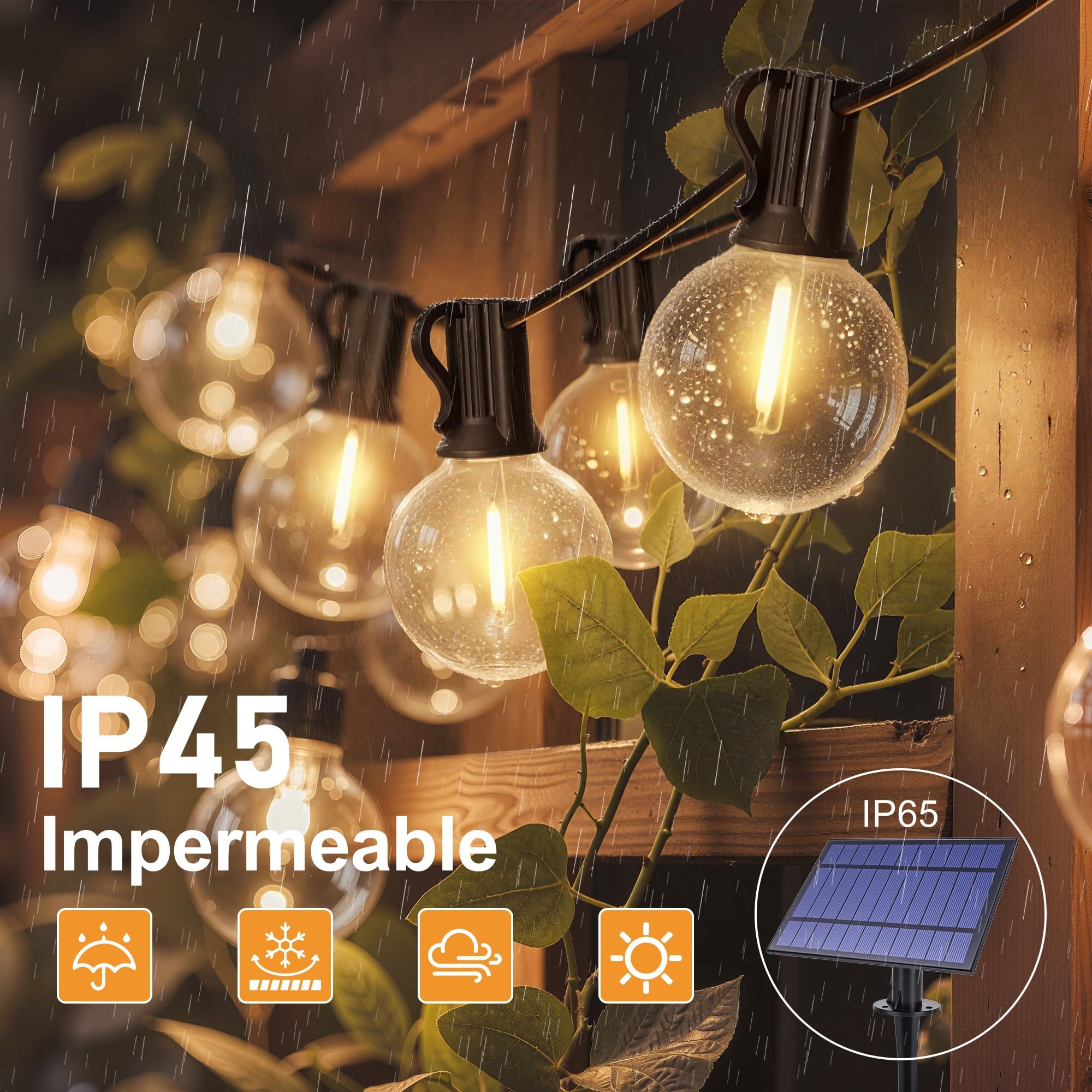 HeiPard Cadena de luces LED solar para exteriores de 20M con 35+2 bombillas G40 ajustable, función de temporizador y memoria, 3 modos, IP45 resistente al agua, luces cálidas con control remoto, para