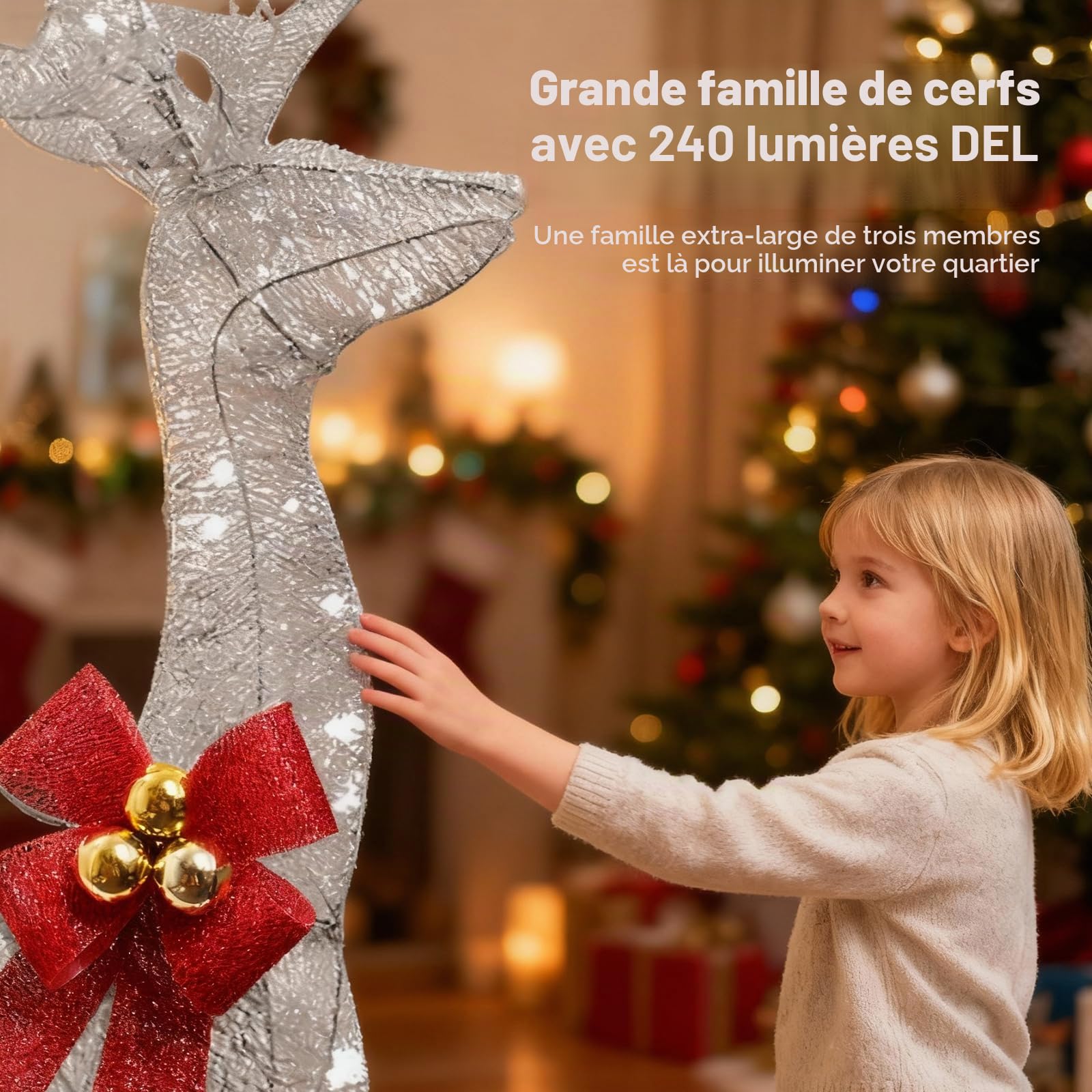 Décoration de Noël extérieure avec renne lumineuse : Figurine de renne LED pour jardin, décoration de Noël extérieure avec lumières blanc chaud, piquets de sol stables, cadre résistant aux intempéries