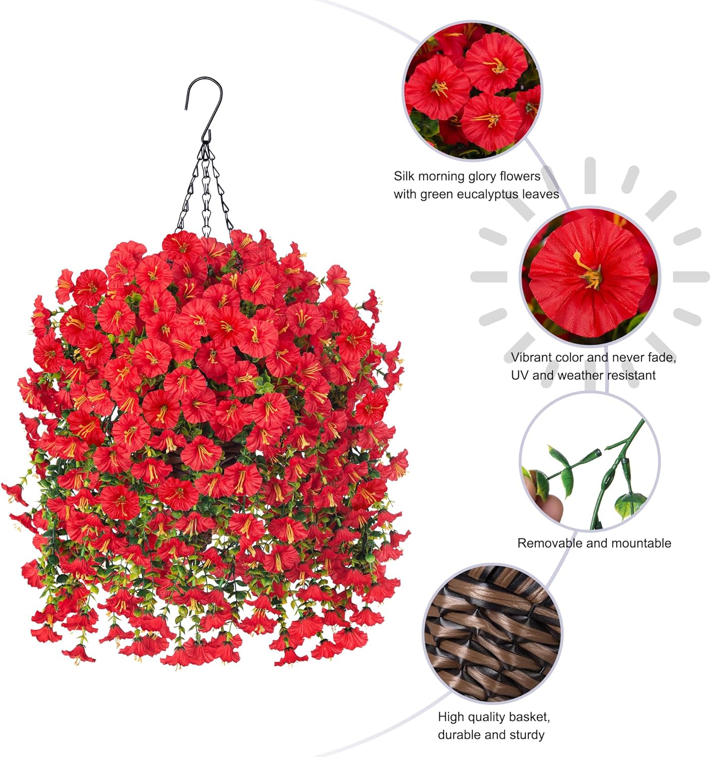Artificial Hanging Flowers with Basket Outdoors Fake Flowers Plants for Winter Christmas Decor,3PCS Faux Red Silk Morning Glory Flower with Eucalyptus Realistic Vines for Home Porch Patio Balcony Yard - Image 2