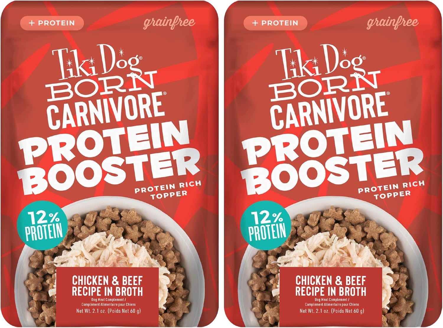 Tiki Dog Born Carnivore Protein Booster Dog Food Topper, Chicken and Beef Recipe in Broth, 2.1 oz. Pouch (12 Count) (Pack of 2)