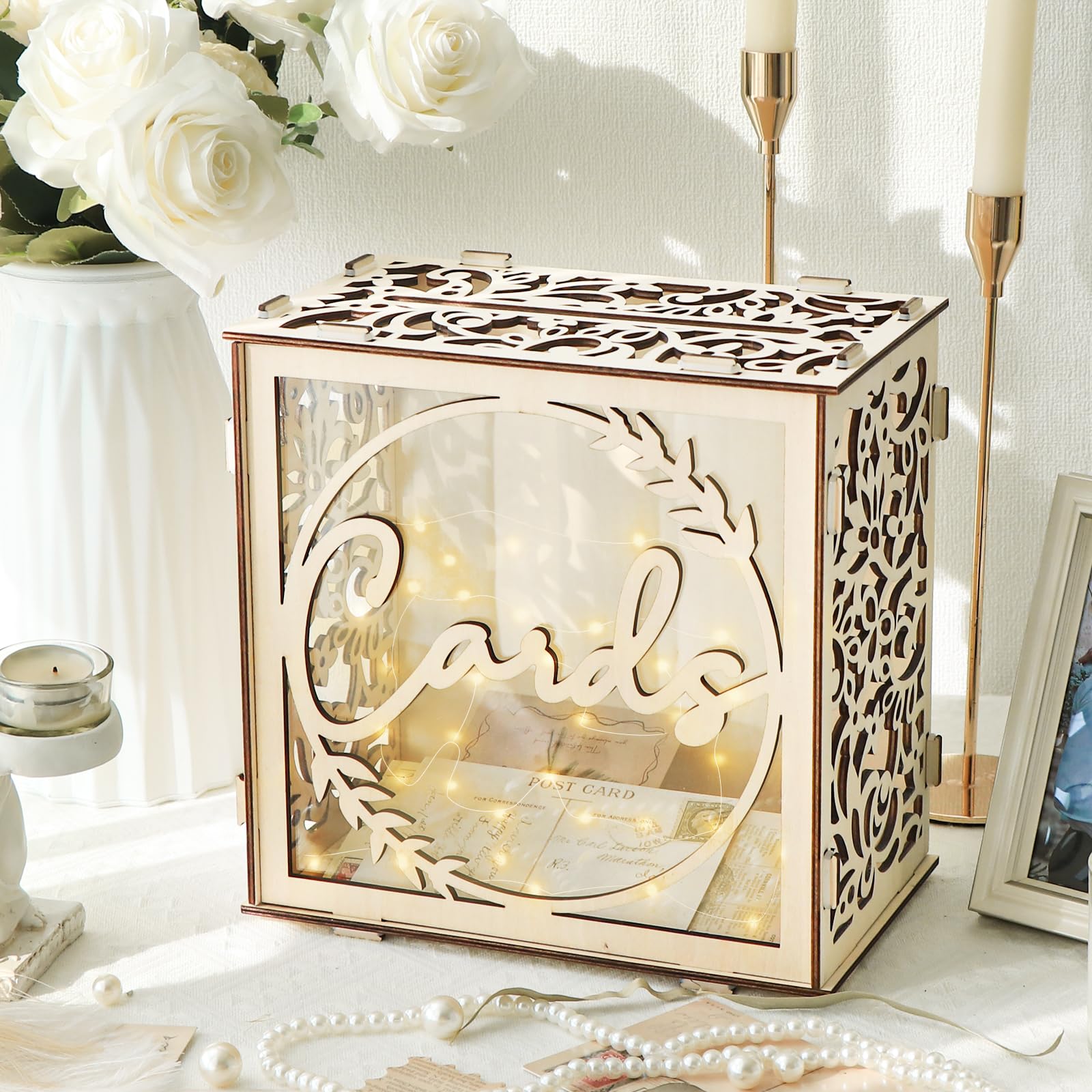 OurWarm Wedding Card Box with LED String Lights, Wooden Card Box for Party