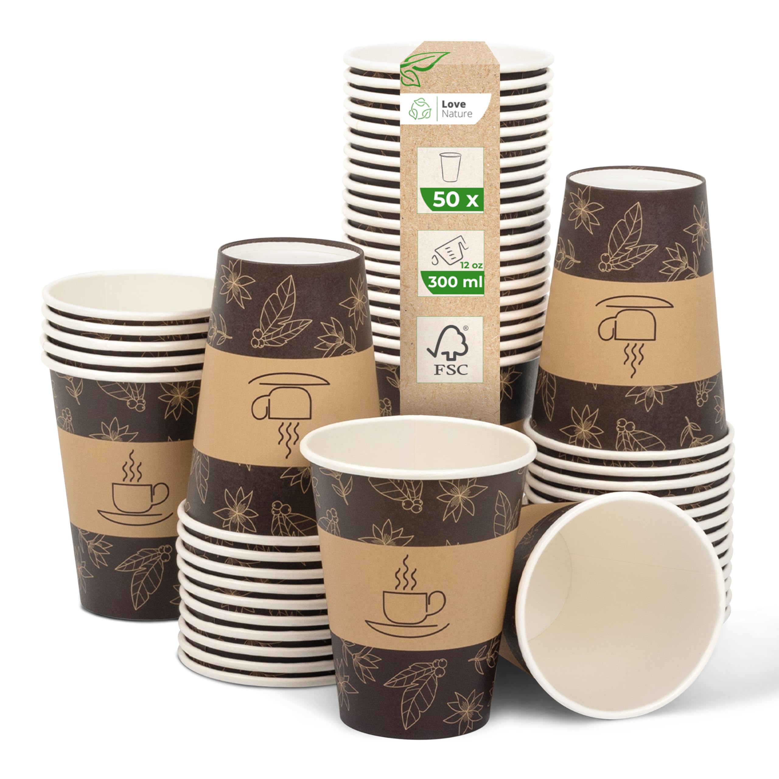 Love Nature Paper Cups 300 ml - Coffee Cups to Go Cardboard - Pack of 50 Disposable Cups for Serving Coffee Tea, Hot and Cold Drinks