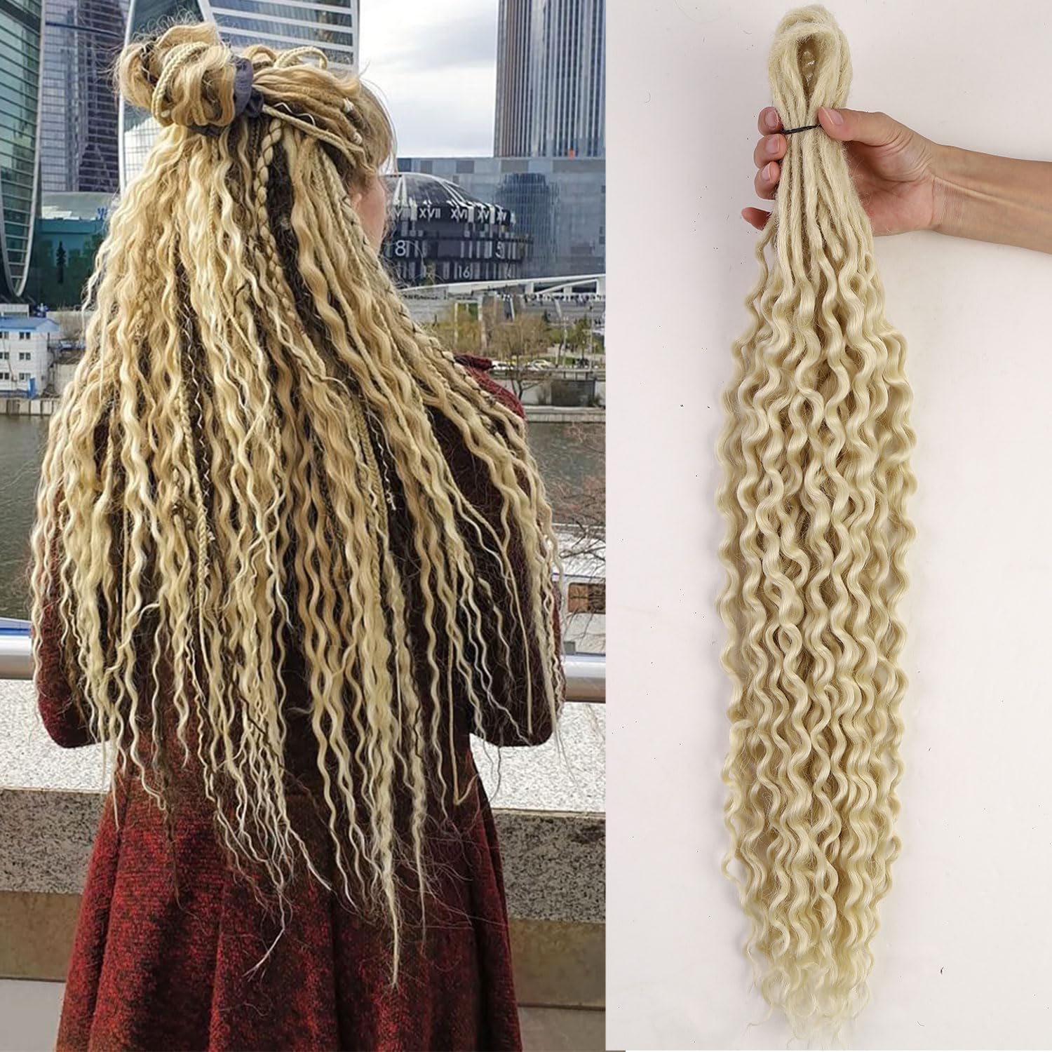 FANCEE DE Dreadlock Extensions Blonde Synthetic Wavy Double Ended Dreads with Curly Ends 20 Strands Handmade Crochet Dreads Soft Dreadlock Hair Extensions for Women 24 inches