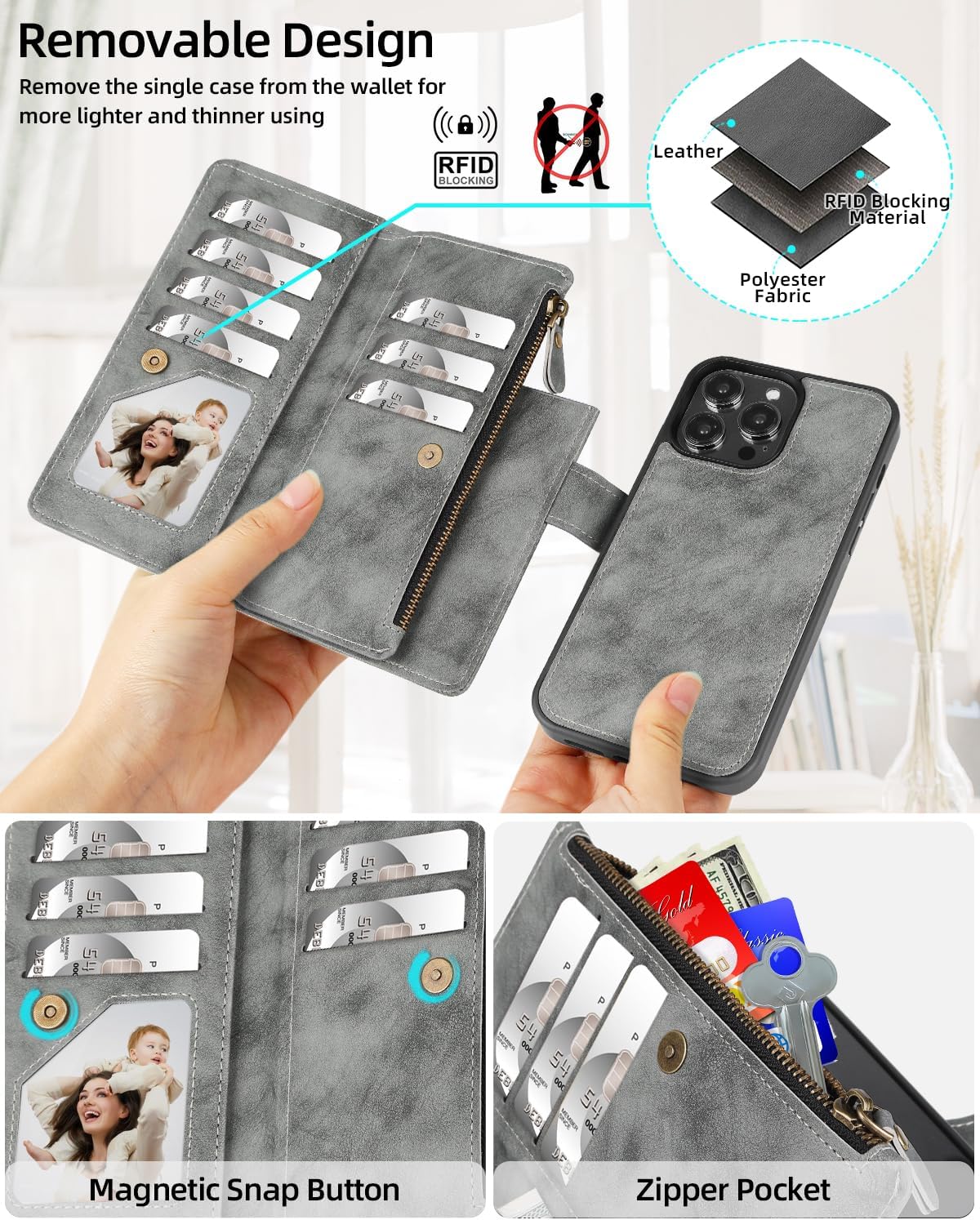 CASEOWL iPhone 14 Pro Max Case Wallet [Support Magsafe Charger] Magnetic Detachable Flip Leather Wallet Phone Case with 10 Card Slots[RFID Blocking], Zipper Pocket, Stand, Strap for Women Men,Gray