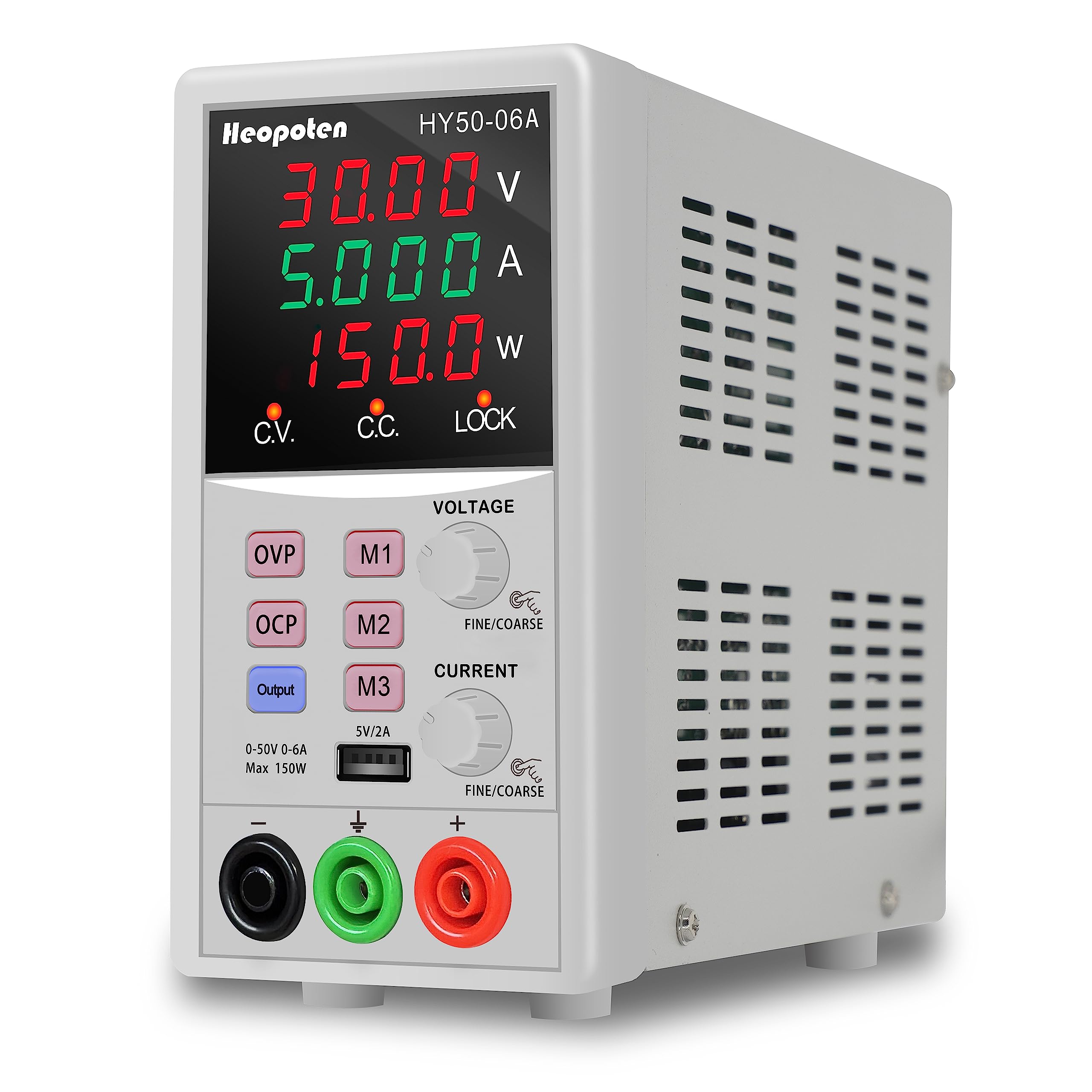 Alimentatore di rete da laboratorio programmabile, 50 V, 6 A, 150 W, display LED bicolore a 4 cifre, uscita USB 5 V2 A, cavi di alligatore e cavo di alimentazione