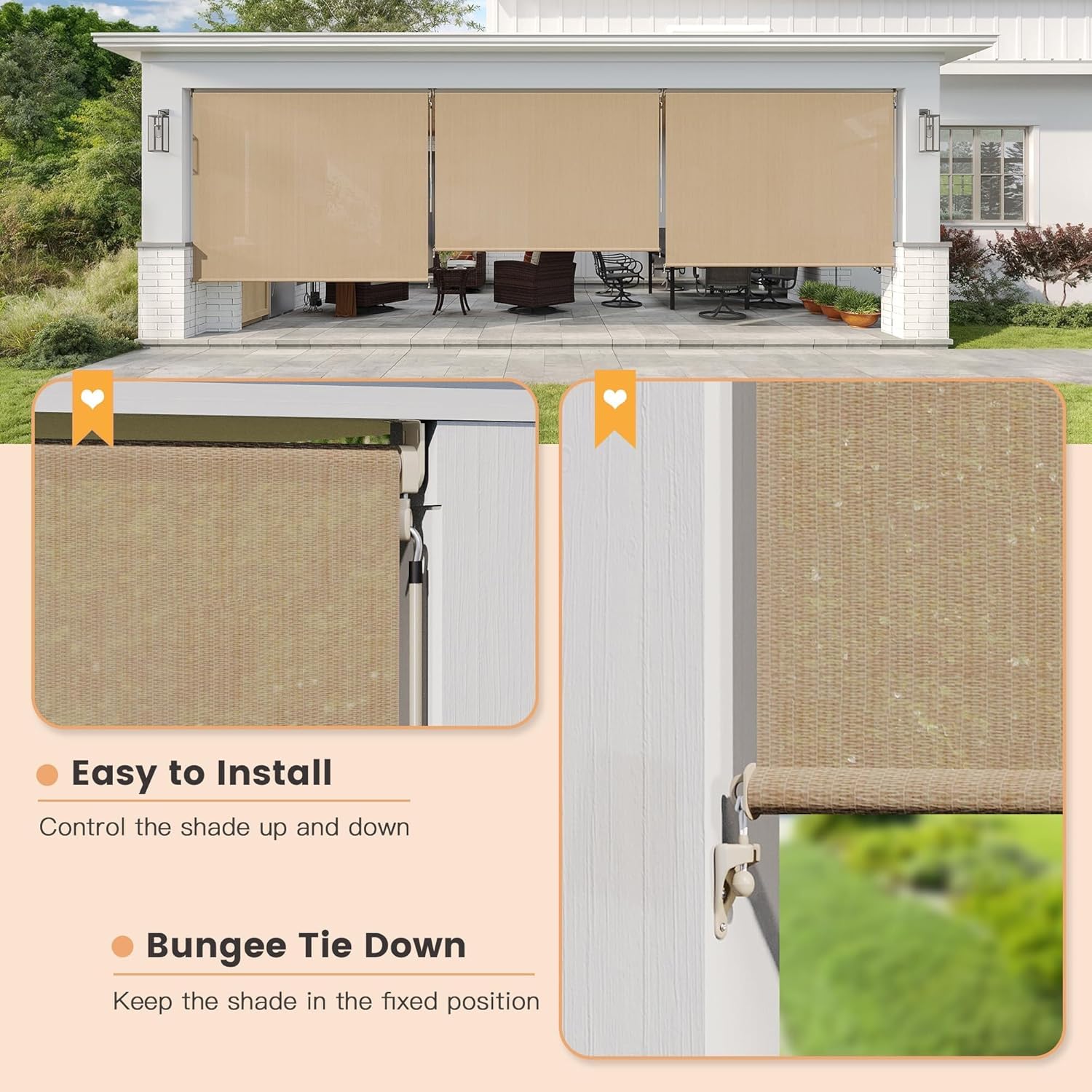 VICLLAX Outdoor Roller Shade (9' W×8' L), Patio Cordless Roller Blinds, Exterior Roll Up Shade with Spliced Design for Patio Porch Gazebo, Wheat