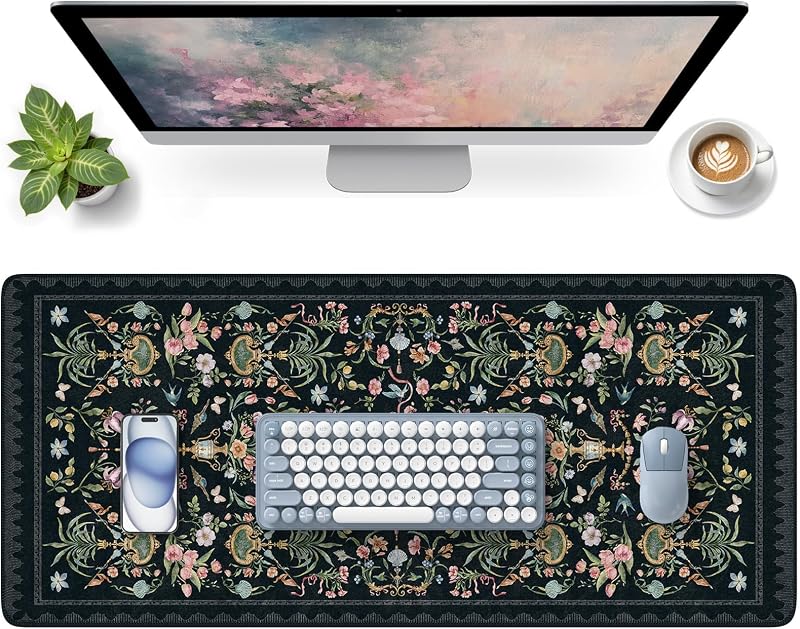 Black Desk Mat, 35.4" x 15.7" Computer Pad for Office Work Home | Elegant Floral Desk Protector for Office, Non-Slip Waterproof Surface with Smooth Texture for Workspace Use