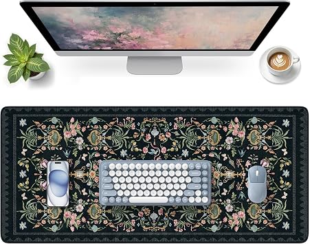 HAOCOO Black Desk Mat, 35.4" x 15.7" Computer Pad for Office Work Home | Elegant Floral Desk Protector for Office, Non-Slip Waterproof Surface with Smooth Texture for Workspace Use