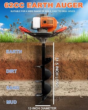 Post Hole Digger, Gas Powered 62CC 2-Stroke Earth Auger with 4 & 6 & 8 & 12 Drill Bits and 3 Extension Rods Heavy Duty Hole Digger for Farmland, Garden, Planting, Fencing