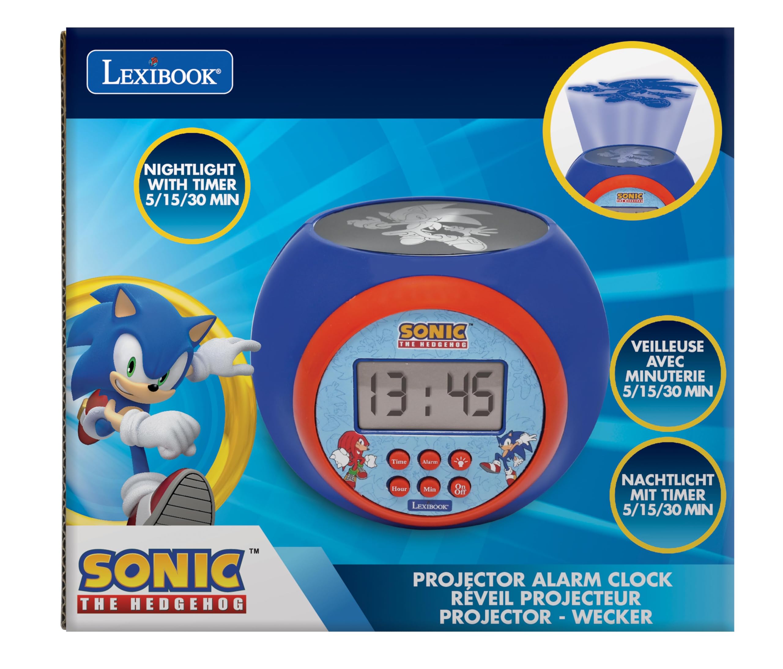 Lexibook, Sonic The Hedgehog, Projektionswecker mit Schlummerfunktion, Nachtlicht mit Timer, LCD-Bildschirm, batteriebetrieben, Blau, RL977SNLXB