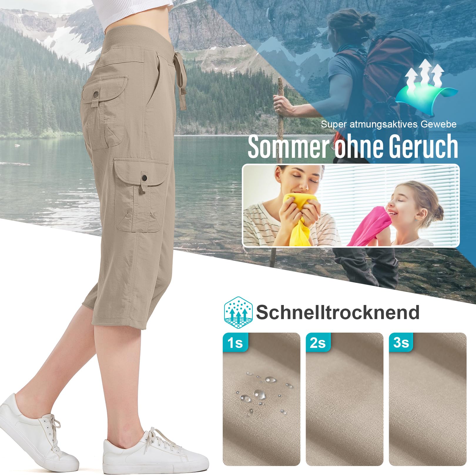 Pantalones para mujer 3/4 de verano para mujer, pantalones capri de verano, pantalones de jogging, pantalones deportivos para viajes y senderismo, con 6 bolsillos