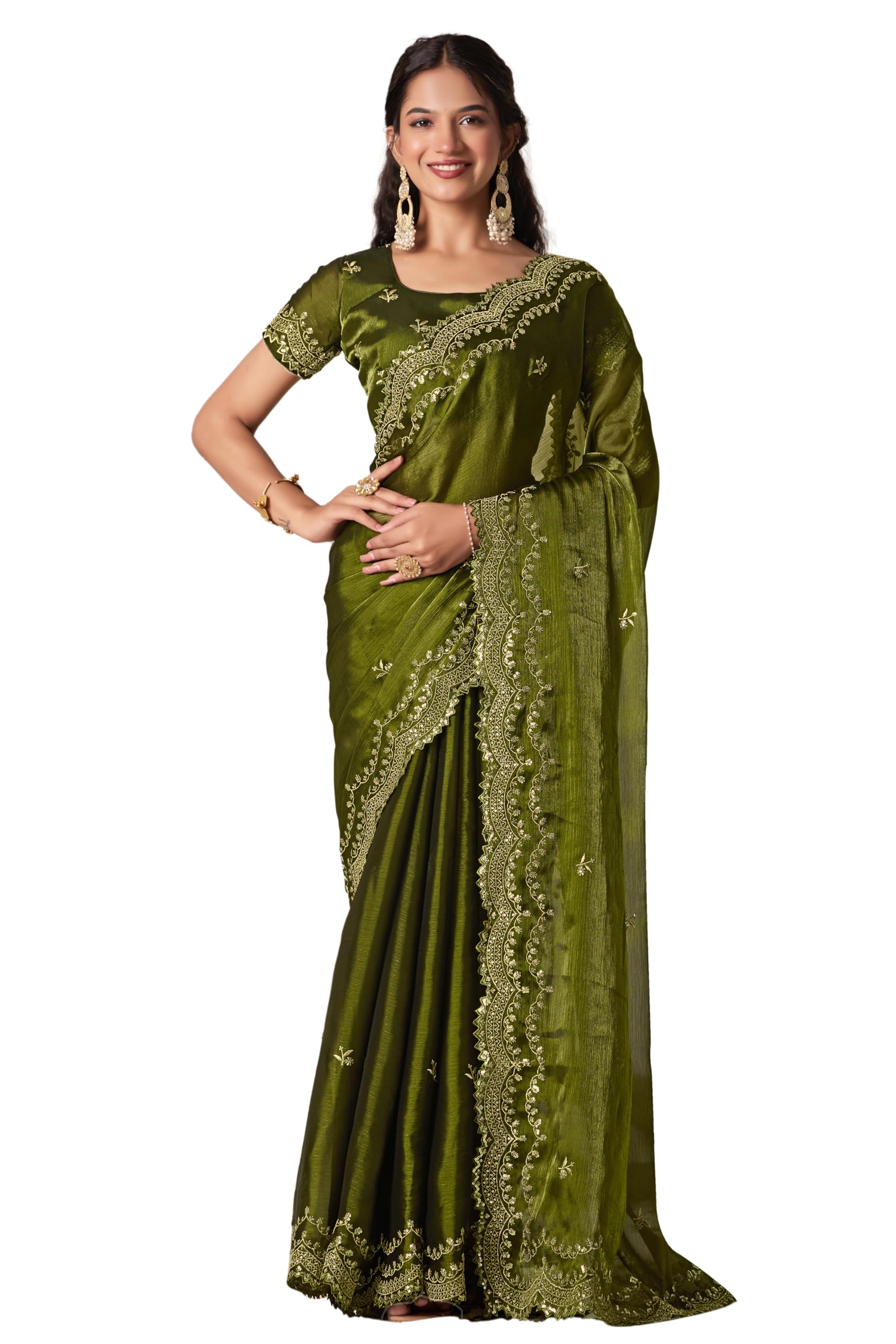 Women's Shimmer Chiffon Sequence Embroidery Scalloped Border Saree With Unstitched Blouse Piece-image-4