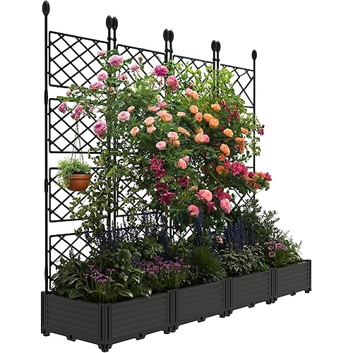 4 PCS Raised Garden Bed with Trellis & Privacy Screen, 66" w x 63" Tall Vertical Garden Planter Box for Climbing Plants - Sturdy Lightweight Outdoor Planter for Vegetables, Flowers on Patio, Balcony