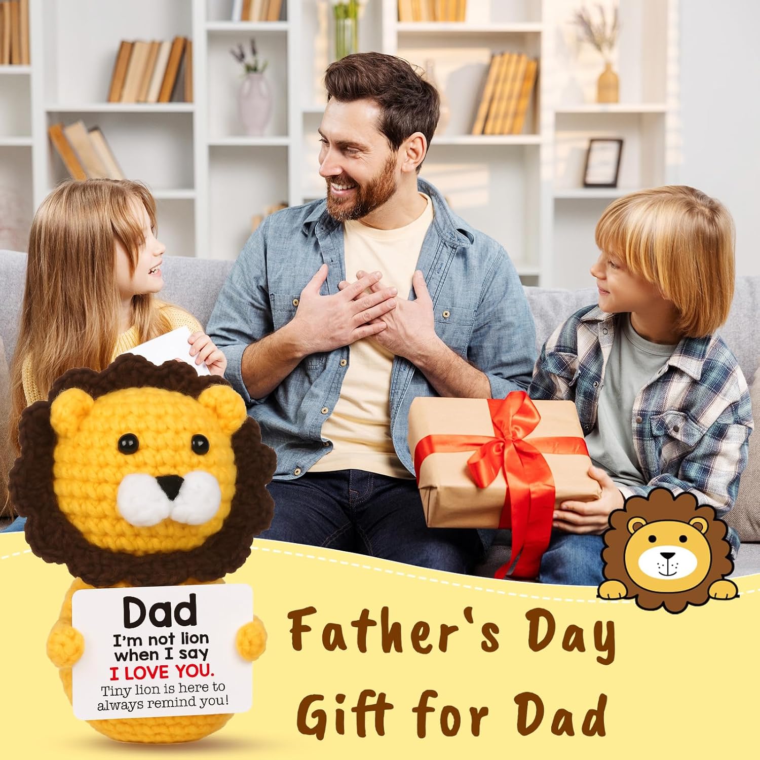 Dad Gifts from Son Daughter, Christmas Birthday Gifts for Dad Father Daddy, Papa Gift Idea, Funny Positive Handmade Crochet Lion Presents for Stepdad Bonusdad - Image 2