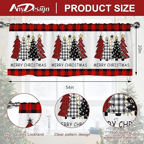 Miniatura 2 de AnyDesign Cenefa de cortina de Navidad de 54 x 20 pulgadas, cenefa para árbol de Navidad, bolsillo para barra, diseño de cuadros rojos y negros,