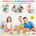 FCSONU Blocs de construction en bois pour les jeunes enfants 1-3, 100 Ensemble de blocs de bois de Pcs - Tri & Jouets avec rangement et luge, Jouets Montessori 2+, Noël 1st Cadeaux d'anniversaire pour les filles Garçons Bébé