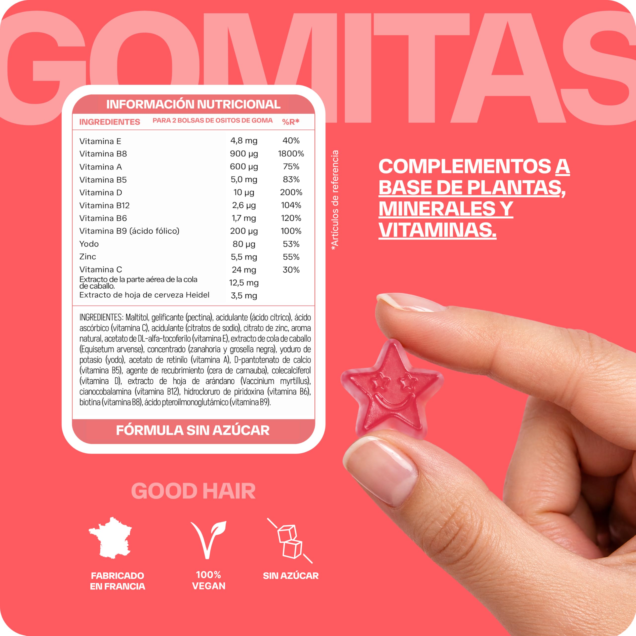 Lashilé Beauty - Complementos Alimenticios - Crecimiento acelerado, crecimiento y fortalecimiento del cabello - Good Hair - Fabricado en Francia - Biotina, Zinc, Vitamina B8, C, B6-60 Gummies