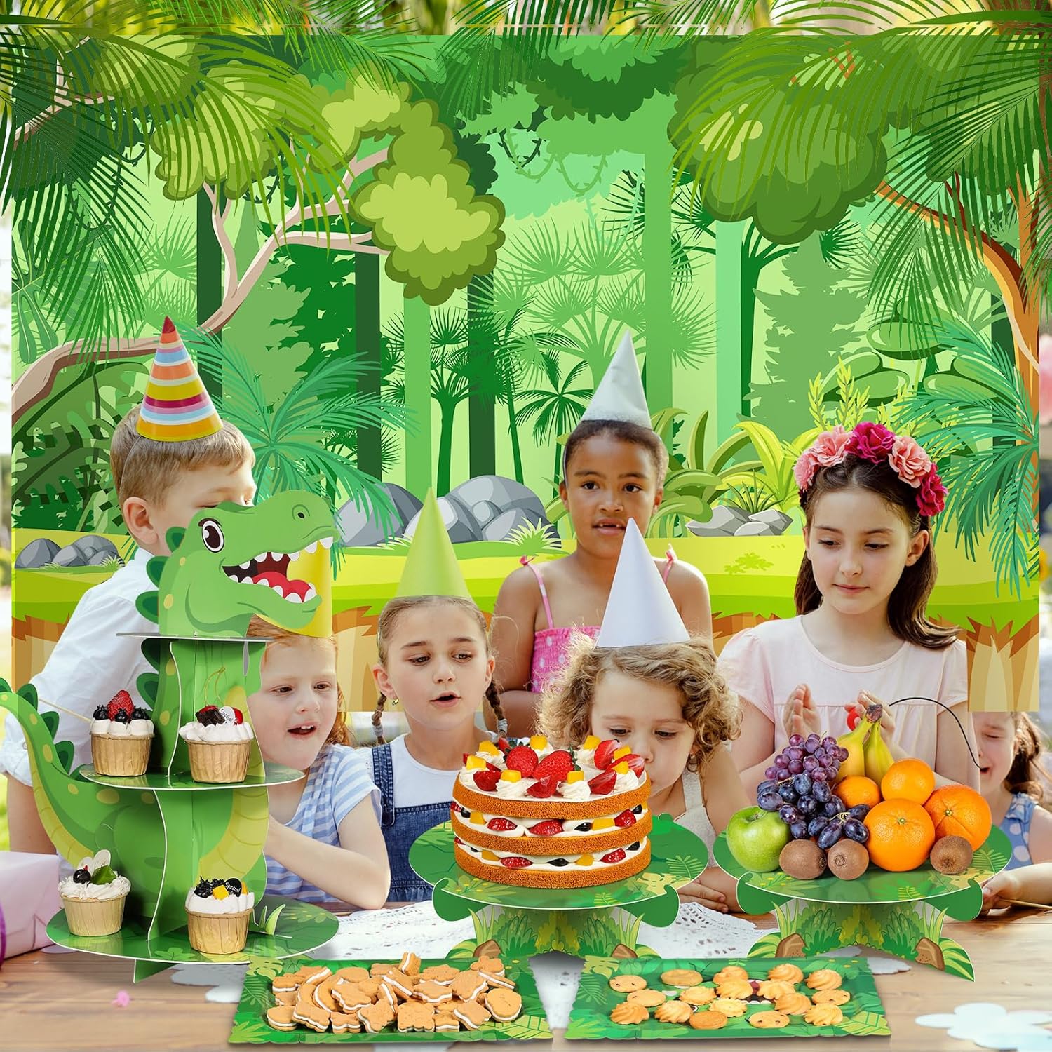 Weewooday 5 Pcs Dinosaur Cupcake Stand Set 1 Pcs 3 Tier Dinosaur Cupcake Tower 2 Pcs 1 Tier Cupcake Holders 2 Pcs Cake Serving Trays for Kids Baby Shower Birthday Party Decoration Supply