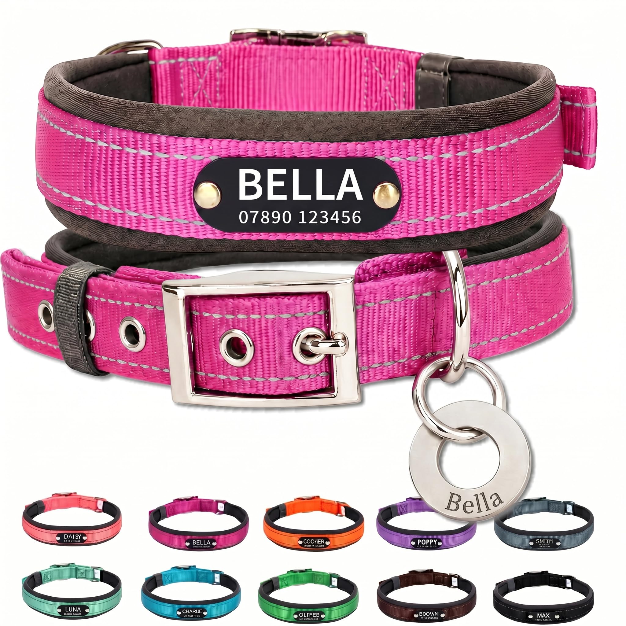 Personalised Nylon Dog Collar with Deep Engraved Name Plate - Reflective Collar UK Dispatched with Custom ID Tag Padded Anti-Chafe Design Name & Phone Number Durable Pet Collar for All Breeds — image 1