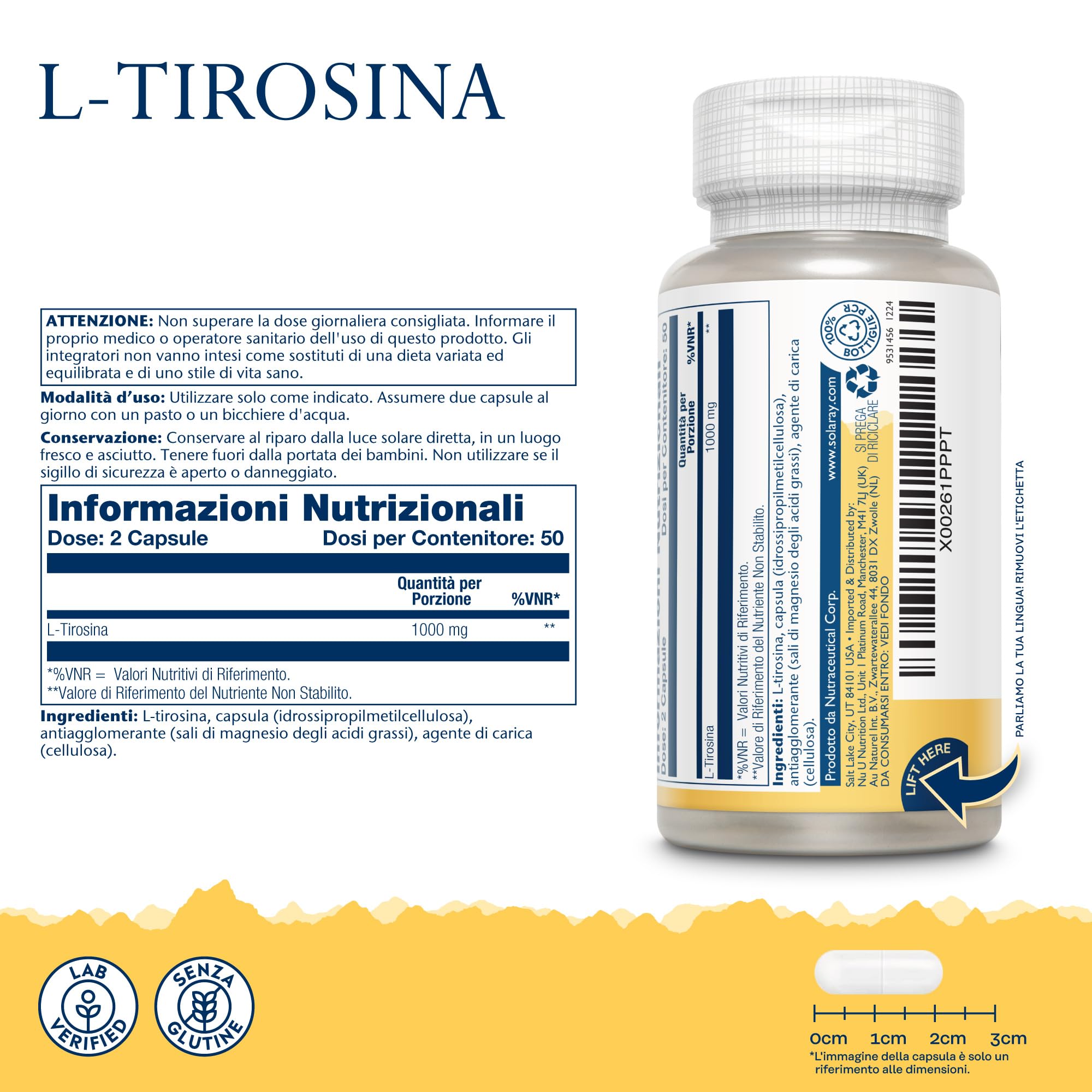 Solaray L-Tirosina 1000mg - 100 Capsule - 500mg di L Tirosina per Capsula - Integratore di Aminoacidi Essenziali - Testata in Laboratorio