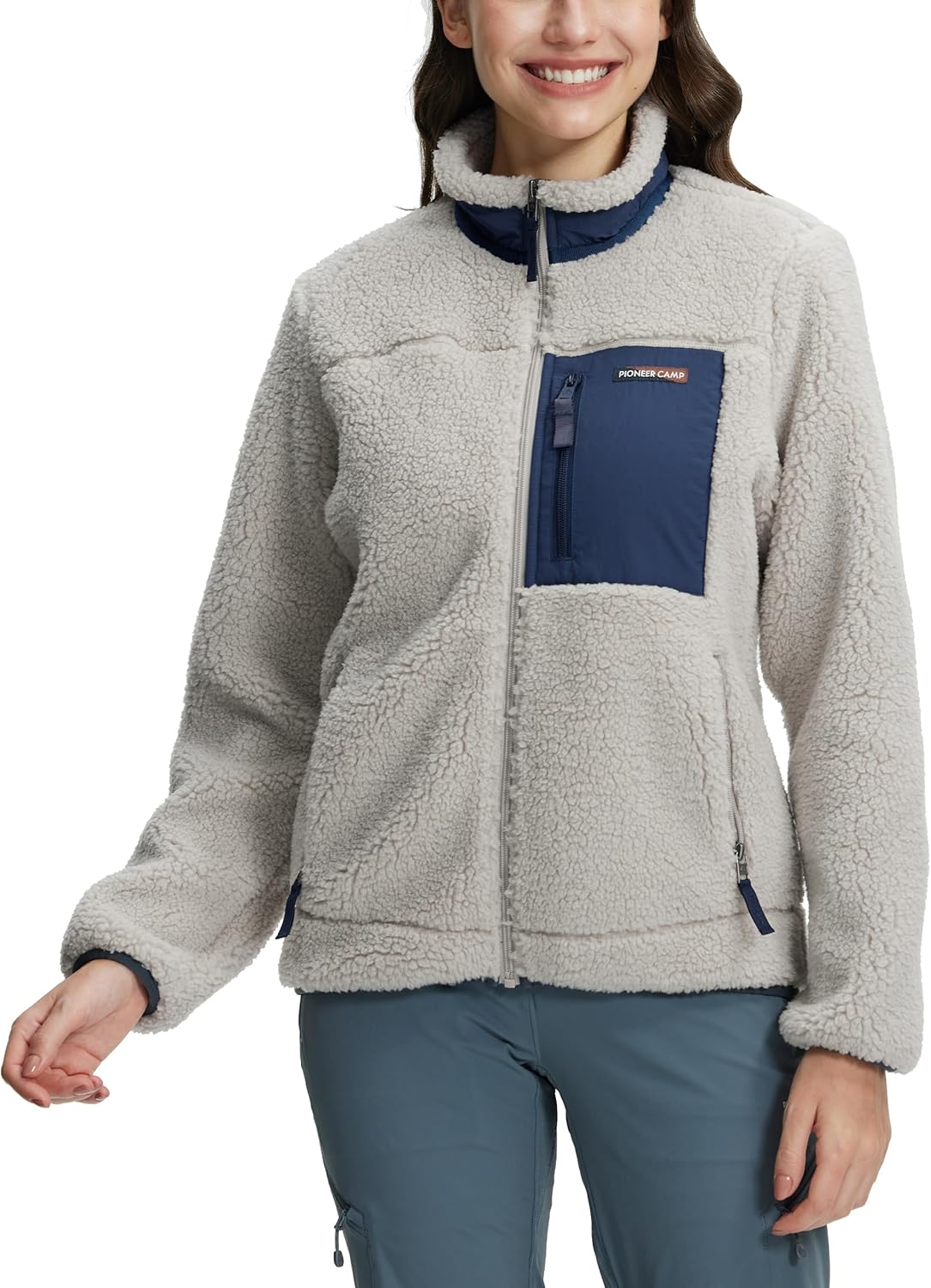 Pioneer Camp Women's Fuzzy Fleece Jacket, Warm Fleece Full Zip Jacket Cozy Stand Collar Coat with Pockets Casual Workout