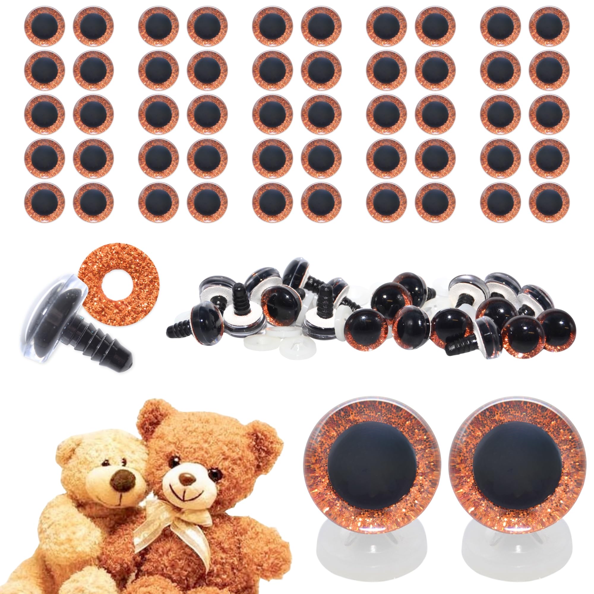 celloexpress 16mm Orange 3D Glitter Eyes with Plastic Backs - Sparkle Safety Eyes for Soft Toy Teddy Bear Animal Making (Pack of 50 Pairs)