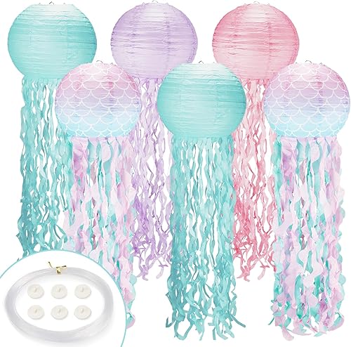Miniatura 8 de Decoraciones de cumpleaños de sirena, decoración de medusas, paquete de 6, faroles de medusas rosas con cuerda y gancho, medusas colgantes para