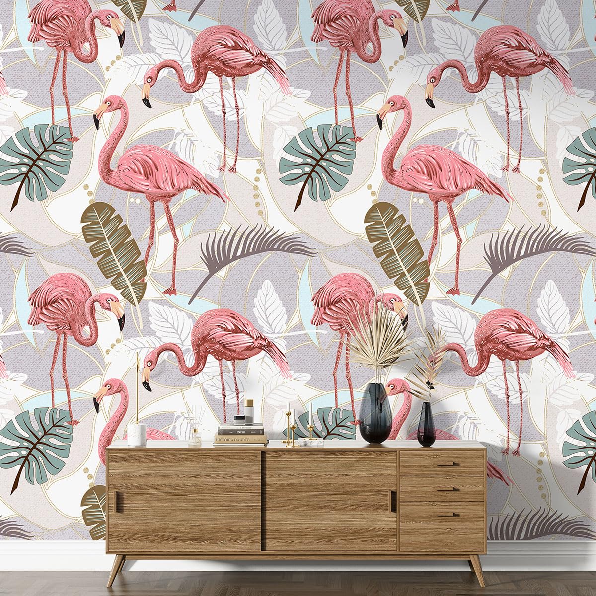 Papier peint motif XL Flamants Roses tapisserie murale salon Lumalea 130x260 cm
