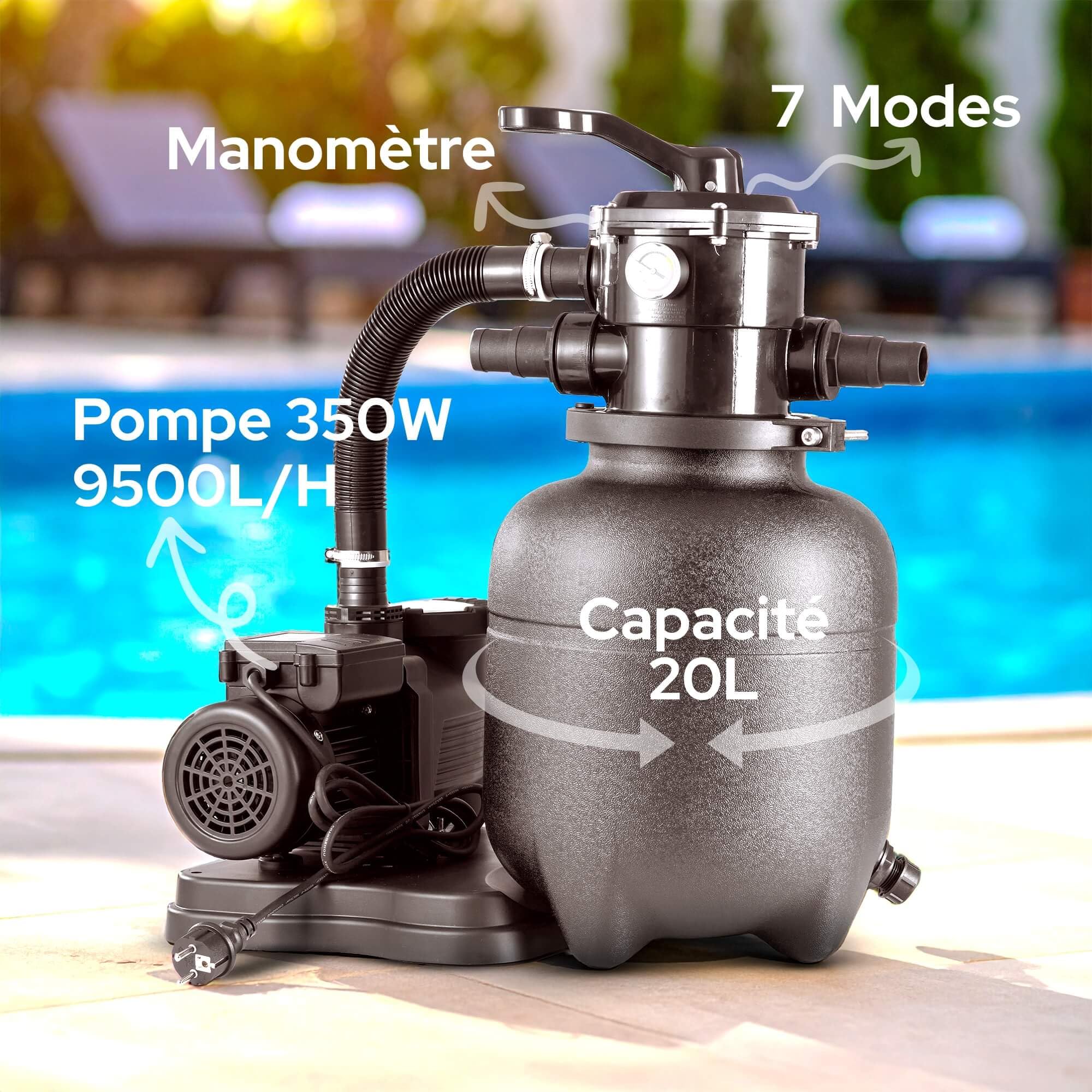Arebos Système de filtration à sable avec pompe et 600 g de balles de filtration | 350W | 9500 L/h | Capacité du réservoir jusqu'à 20 kg de sable | Vanne à 7 voies avec poignée | Filtre de piscine