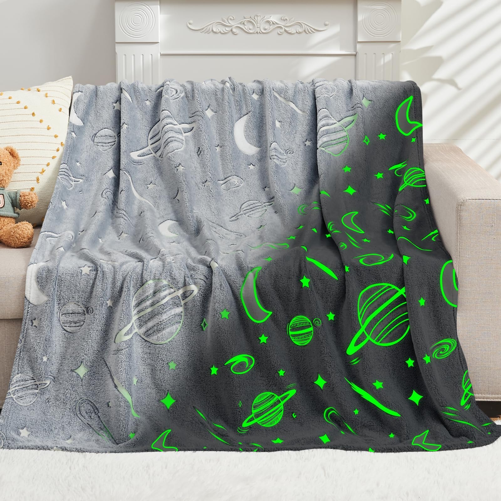 inhand Space Toys Glow in The Dark Stars Blanket for Girls Boys Solar System for Kids Throw Blanket Funny Astronaut Planet Toys Boy Room Decor Birthday Gifts Ideas for 3-10 Years Old (40''x60'' Grey)-image-2