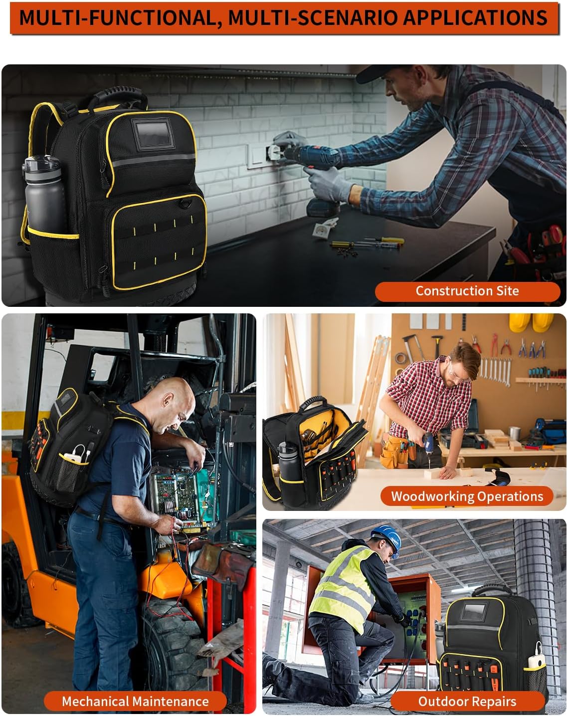 Heavy Duty Tool Backpack with Laptop Compartment, Hard Bottom & Tool Pouch Durable Electrician Tool Bag Organizer with Multiple Pockets, USB Port, Water Bottle Holders, HVAC Work Backpack for Men