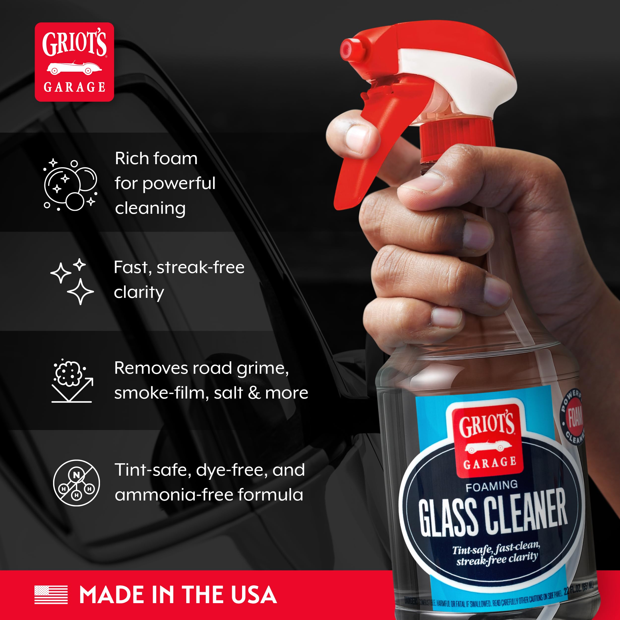 Griot's Garage Foaming Glass Cleaner Spray for Car Window, Windshield, Mirror, Tint Safe, No Streak, Dye and Ammonia-Free Formula, 22 Oz, 10891