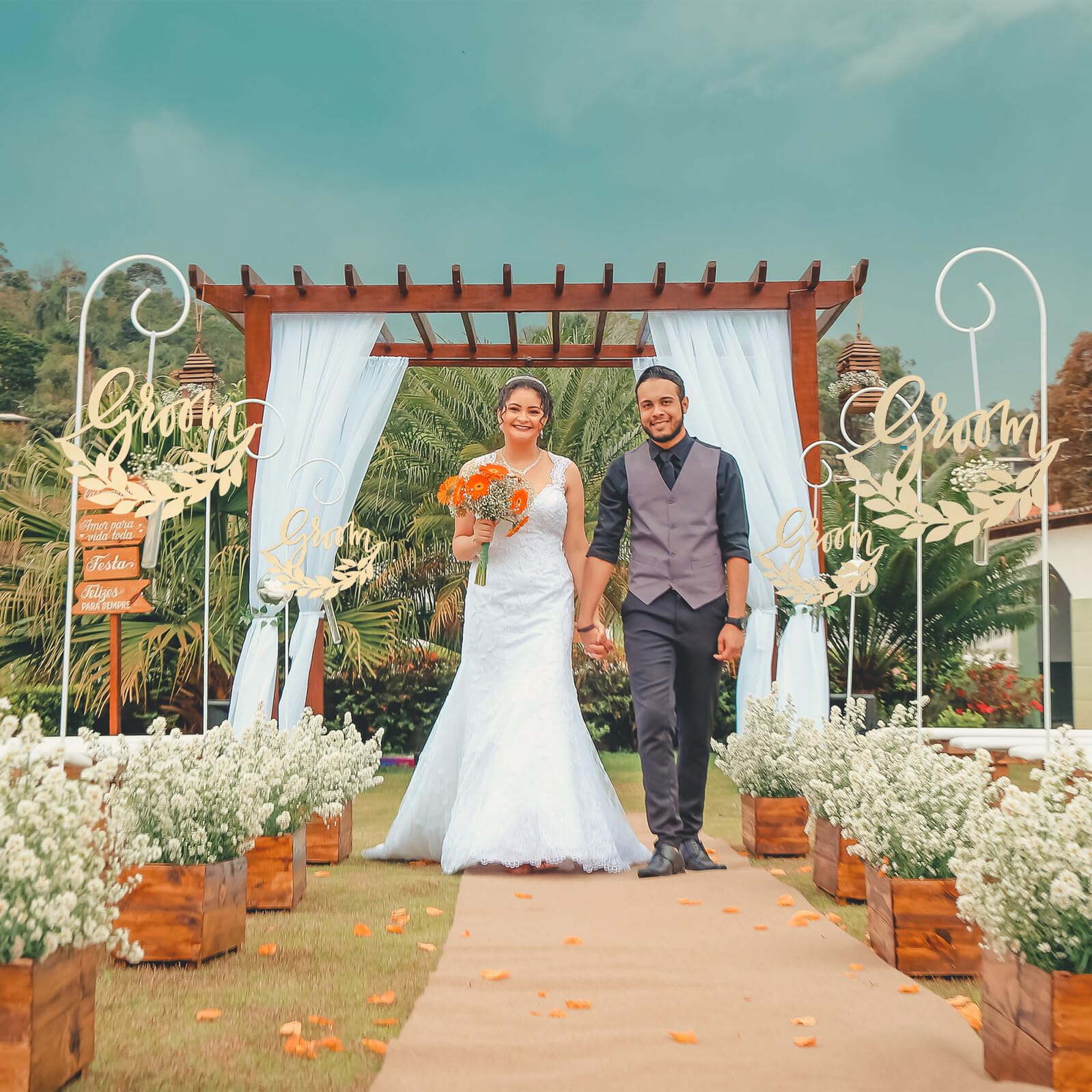 GALPADA Holz Hochzeitsanhänger Stuhl Hängedekoration mit Braut Bräutigam Motiv Natürliche Holzverarbeitung Romantische Partydekoration für Hochzeit und Feier