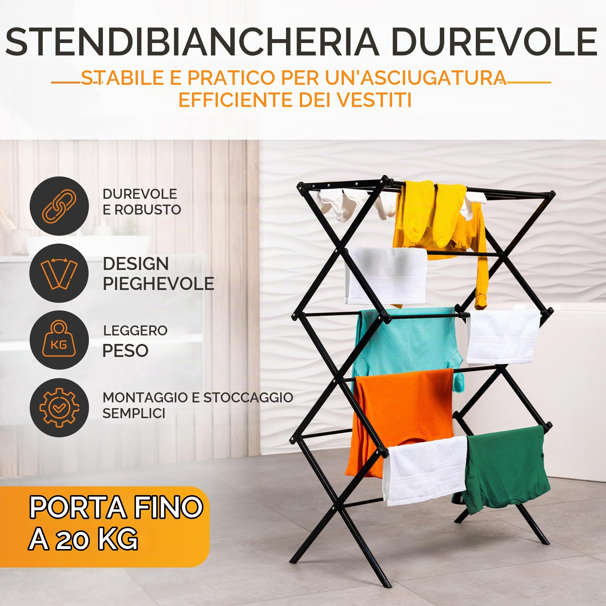 Stendibiancheria pieghevole salvaspazio, resistente e robusto, 6 livelli con 11 aste, torre pieghevole ed estensibile in grigio