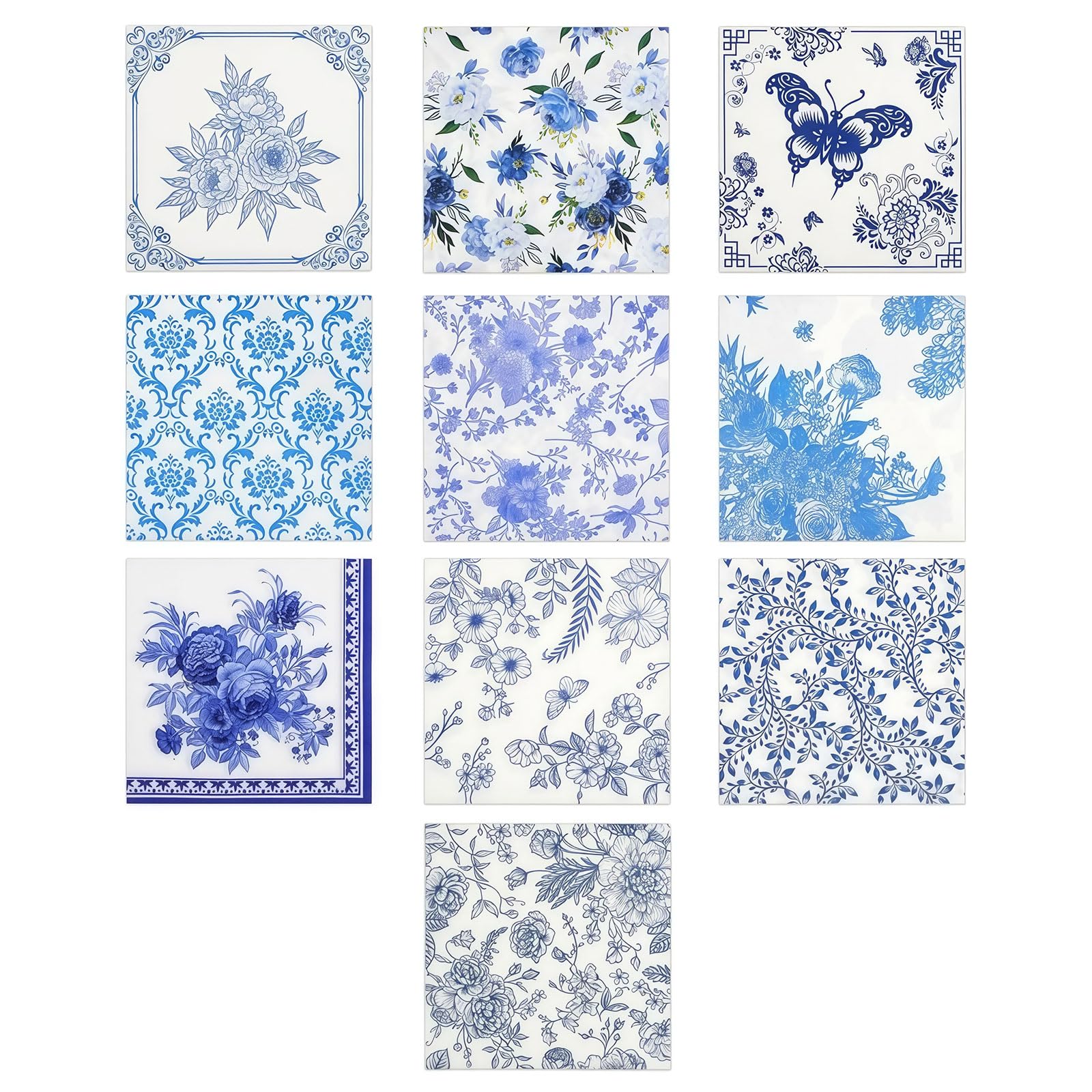 VelvetGlow 40 Pack 10 Styles Decoupage Paper Napkins, Assorted Blue and White Floral Decorative Decoupage Cocktail Napkins for Birthday Tea Party Wedding Dinner Kitchen Bathroom