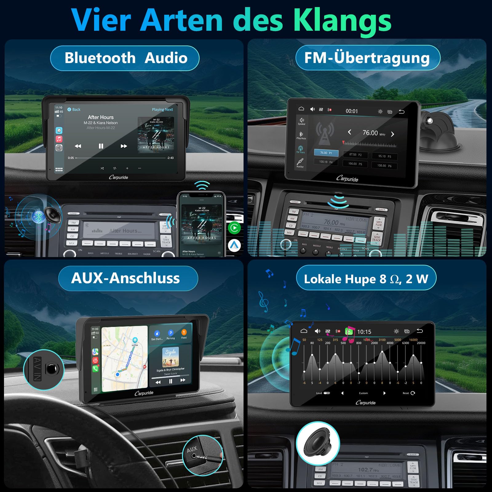 Tragbarer Carplay Bildschirm, Carpuride V3R Kabelloses Airplay&Android Auto, 7 Zoll 1080P HD-Touchscreen mit echter 720P-Rückfahrkamera/BT 5.0/Mirror Link/USB-Wiedergabe/Rauschunterdrückungs-Chip AUX