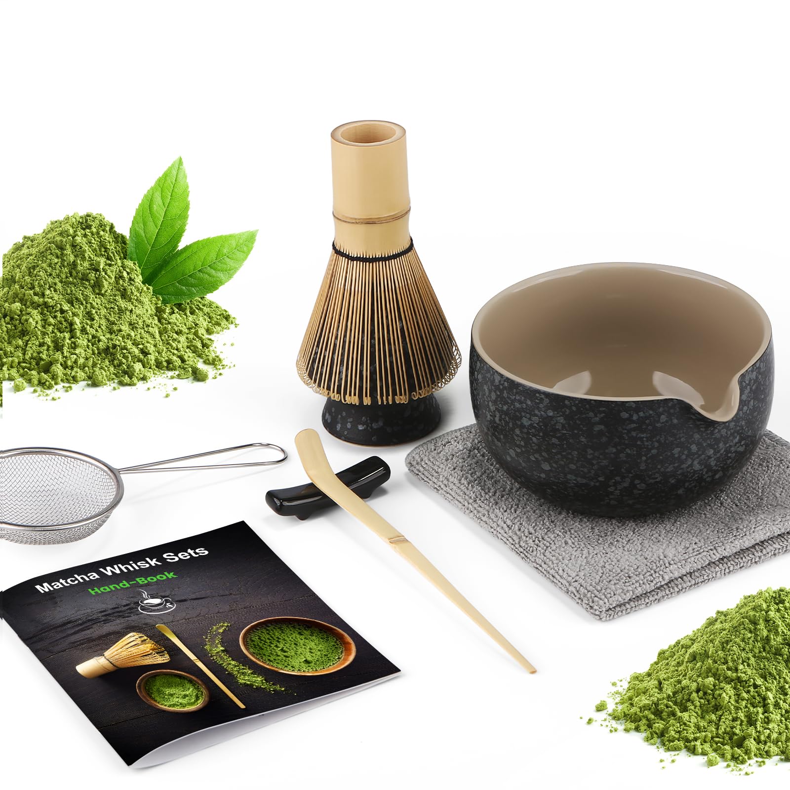 7 Piece Matcha Set, Fouet Matcha, Macha Tea Set with Matcha Spoon, Whisk Holder, Matcha Balai, Shovel, Strainer, Matcha Kit Traditional Japanese Tea Ceremony Best Gift for Lovers, Noir moucheté