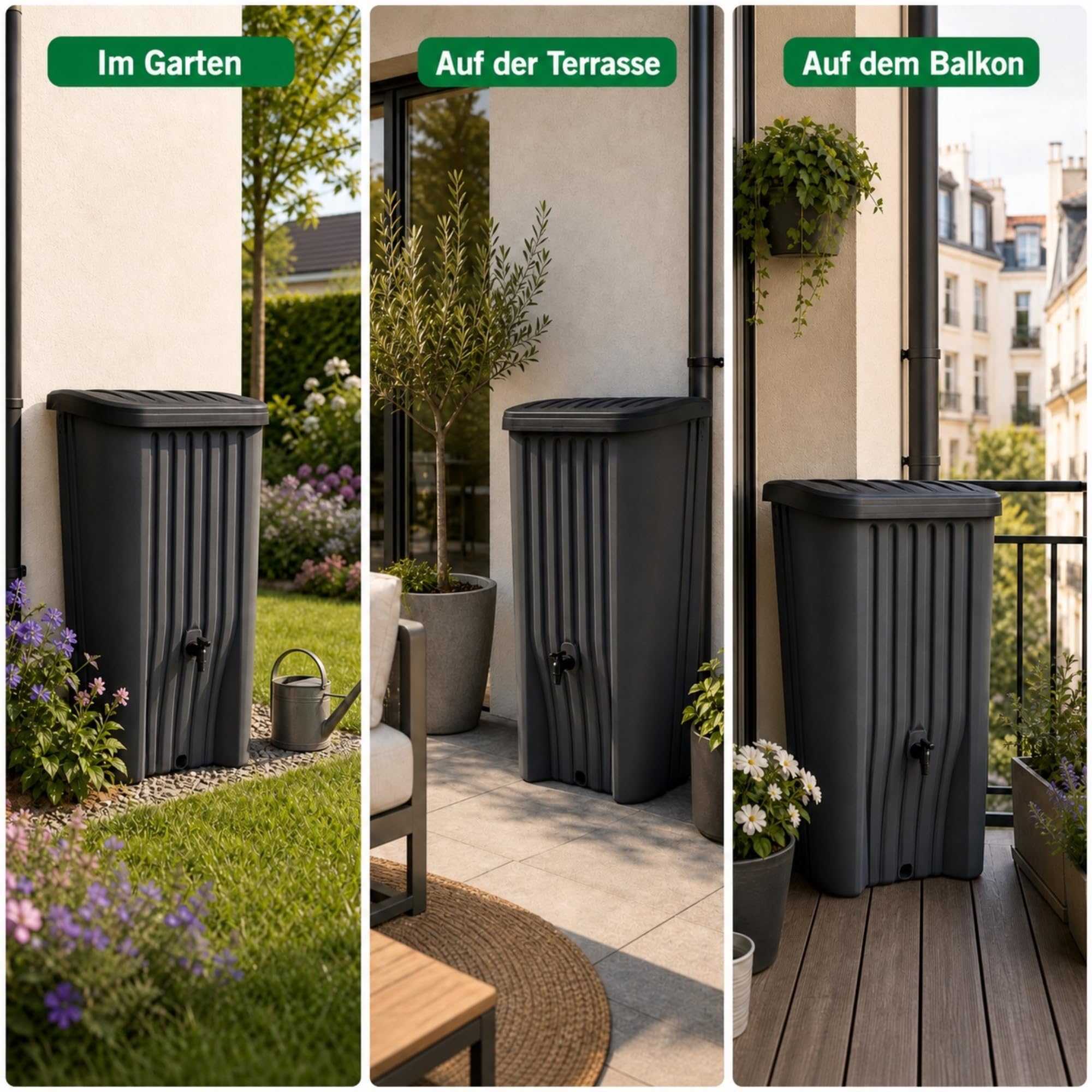 YourCasa Regentonne Cascade 150 Liter | Schmal & Platzsparend | Regenwassertonne mit integriertem Hahn | Anthrazit | Made in France