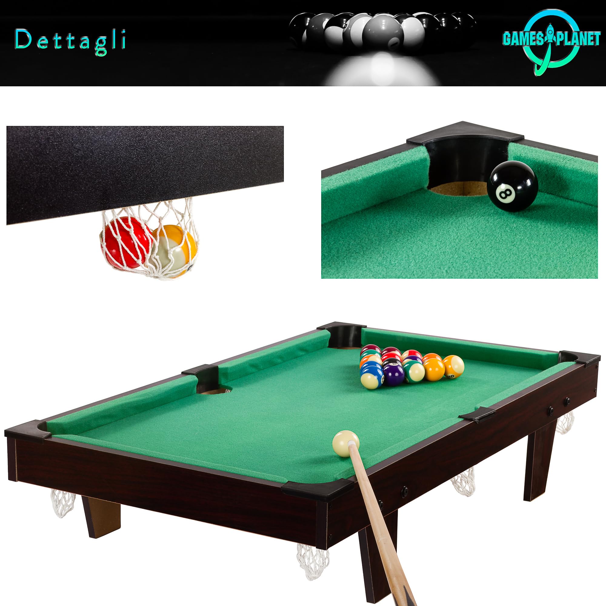 GAMES PLANET Mini tavolo da biliardo Micro incl. accessori (2 stecche, palle, triangolo, gesso, spazzola), 3 decori, dimensioni: 92 x 52 x 19 cm
