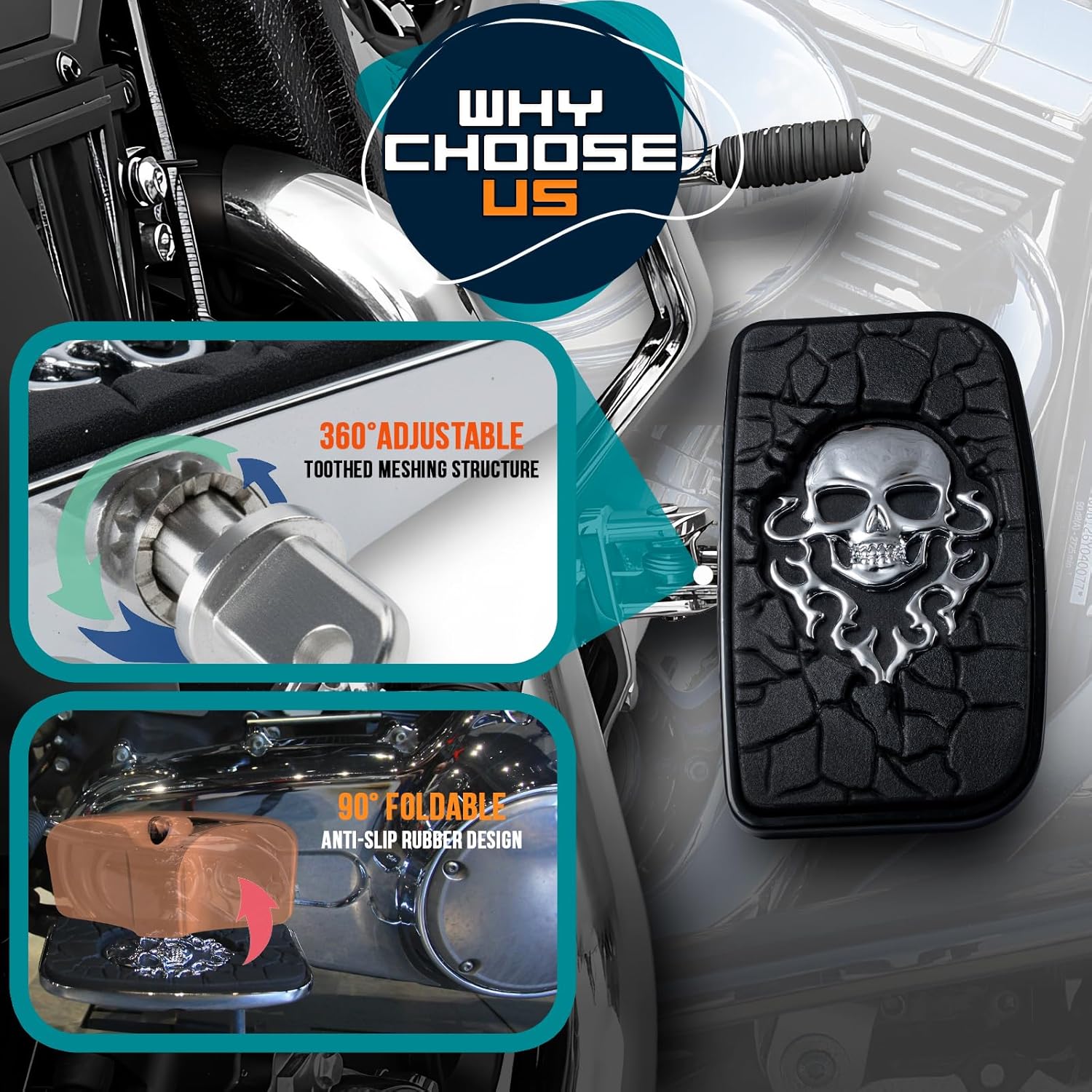 Front Rear Rider Passenger Floorboard FootPeg for Victory Cross Country Hammer Vegas 8-Ball Kingpin Indian Chief Dark Horse Chieftain Springfield etc (Metal Skull, Gloss Black)