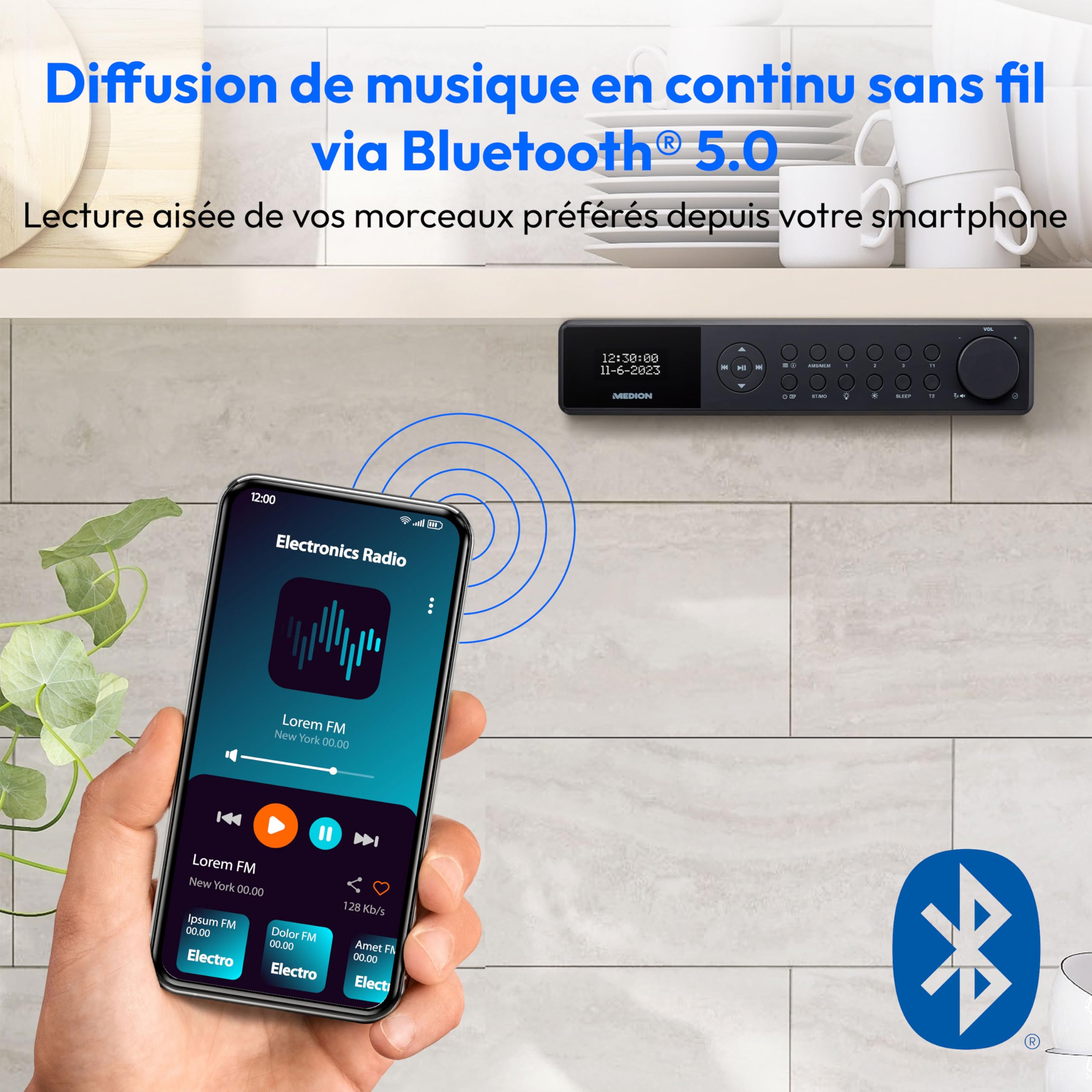 Radio de Cuisine encastrable MEDION E6660 (Radio de Cuisine Dab+, Radio FM PLL, Bluetooth, Barre Lumineuse LED, encastrable, minuterie de Cuisson, Affichage de l'heure) Noir