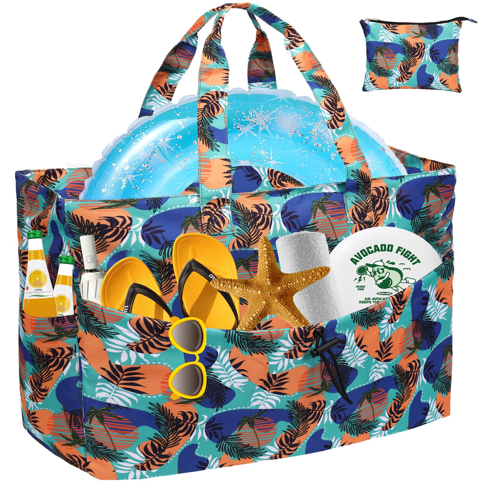 LEASOUL Bolsa de Playa Grande con Cremallera, Bolso Tote Impermeable para Mujer, XXL Bolso de Hombro y de Mano con un Bolso Pequeño para Playa, Vacaciones y Viajes