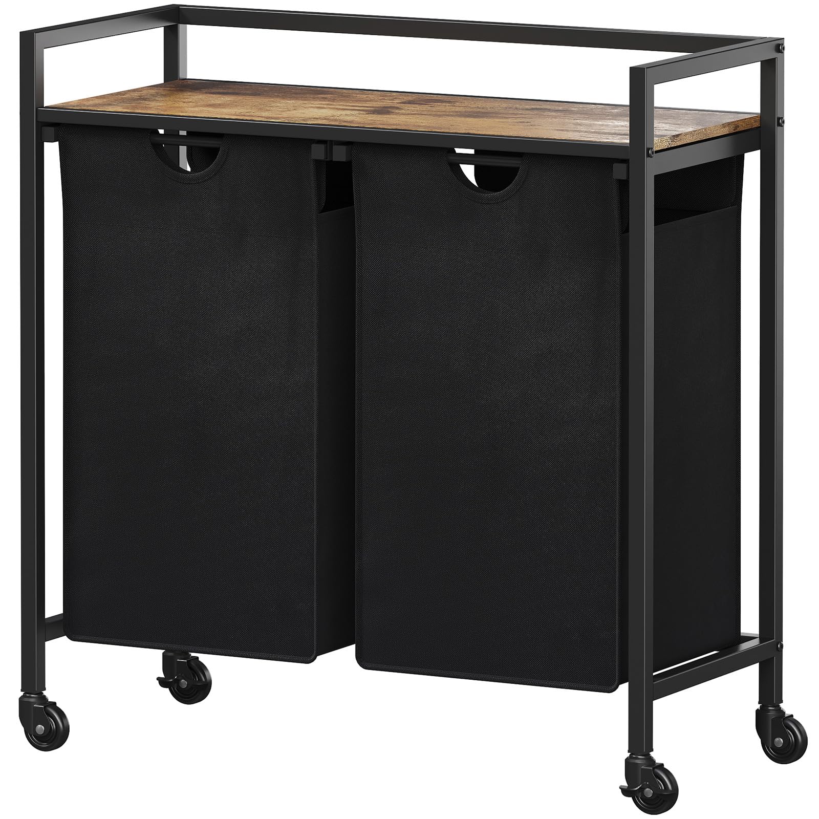Lifewit Cesto Portabiancheria con Ruote, Mobile Biancheria Sporca con Sacco Porta Biancheria in Tessuto Oxford e Ripiano in Metallo per Lavanderia, Camere da Letto, Bagno, 2 Scomparti, 95 L, Nero